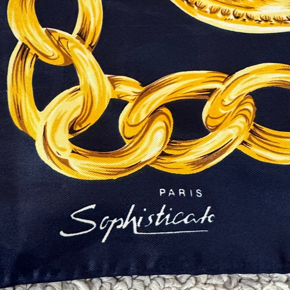 Authentic CHANEL Elegant Navy and Gold Silk Scarf - Picture 7 of 12